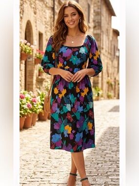 AnyBody Black Floral Midi Dress with Teal, Purple & Mustard